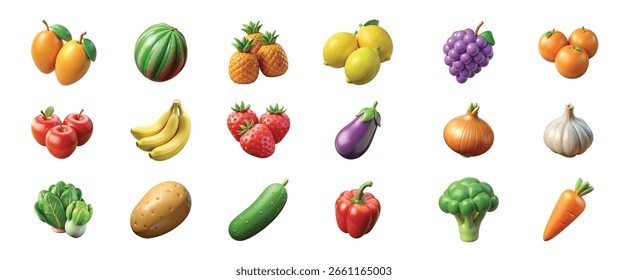 Una colección vibrante y realista de frutas y verduras de colores 3D en formato PNG con fondos transparentes. Este conjunto premium incluye una amplia variedad de productos esenciales, como los tomates.