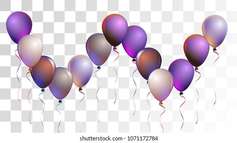 Vibrant Realistic Helium Vector Balloons Flying. Happy Birthday, New Year Party Decoration. Neon Modern Holidays Decoration, Air Helium Balloons. Celebration, Music Poster Discount Card Cool Design