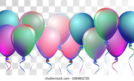 Vibrant Realistic Helium Vector Balloons Flying. Happy Birthday, New Year Party Background. Funky Hipster Holidays Decoration, Air Helium Balloons. Celebration, Music Poster, Discount Card Cool Decor