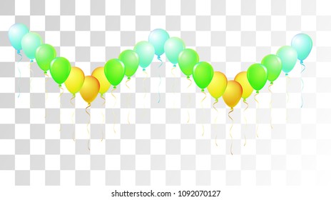 Vibrant Realistic Helium Vector Balloons Flying. Happy Birthday, New Year Party Ornament. Funky Hipster Holidays Background, Air Helium Balloons. Celebration, Music Poster, Discount Card Element.
