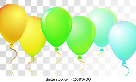Vibrant Realistic Helium Vector Balloons Flying. Happy Birthday, New Year Party Ornament. Neon Modern Holidays Decoration, Air Helium Balloons. Celebration, Music Poster, Discount Card Cool Decor