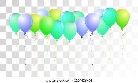 Vibrant Realistic Helium Vector Balloons Falling. Happy Birthday, New Year Party Confetti. Funky Hipster Holidays Background, Air Helium Balloons. Celebration, Music Poster Discount Card Cool Design