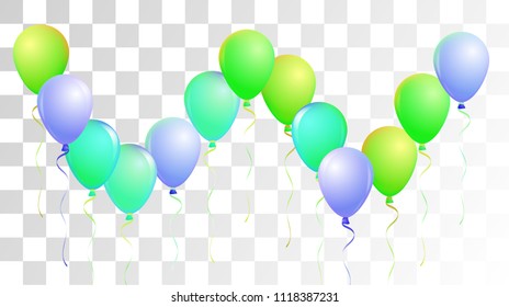 Vibrant Realistic Helium Vector Balloons Flying. Happy Birthday, New Year Party Ornament. Neon Modern Holidays Decoration, Air Helium Balloons. Celebration, Music Poster, Discount Card Element.