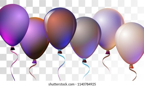 Vibrant Realistic Helium Vector Balloons Flying. Happy Birthday, New Year Party Background. Funky Hipster Holidays Decoration, Air Helium Balloons. Celebration, Music Poster, Discount Card Design.