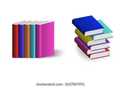 A vibrant and realistic vector illustration featuring a colorful stack of books and a neat row of upright books. Perfect for educational, academic, library, or back-to-school themed designs.