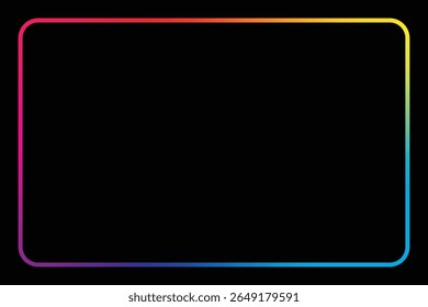Uma borda retangular vibrante com cantos arredondados exibe um gradiente de cores do arco-íris contra um fundo preto forte, criando um contraste moderno e visualmente impressionante.