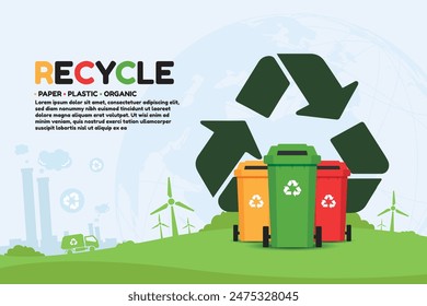 Vibrante infografía de reciclaje con papeleras para papel, plástico y residuos orgánicos, promoviendo la sostenibilidad ambiental. Ideal para materiales educativos y de sensibilización. Diseño de Vector 