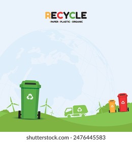 Vibrant recycling infographic with bins for paper, plastic, and organic waste, promoting environmental sustainability. Ideal for educational and awareness materials. Vector Design 