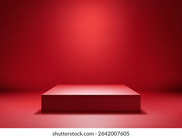 Vibrant red 3d square platform with glossy reflective surface, illuminated in a modern abstract room, perfect for product display, mockup, or luxury brand showcase in a clean futuristic style