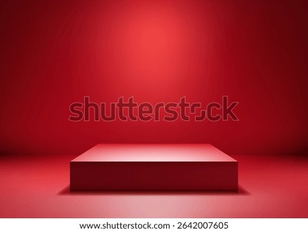 Vibrant red 3d square platform with glossy reflective surface, illuminated in a modern abstract room, perfect for product display, mockup, or luxury brand showcase in a clean futuristic style