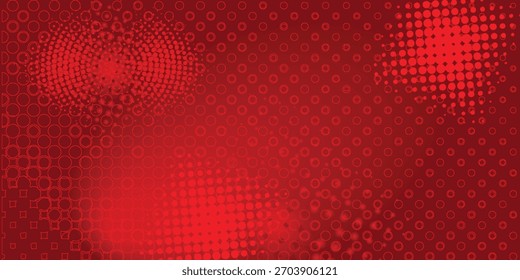 A vibrant red abstract background featuring a gradient and various circular and halftone dot patterns, creating a textured and dynamic design.