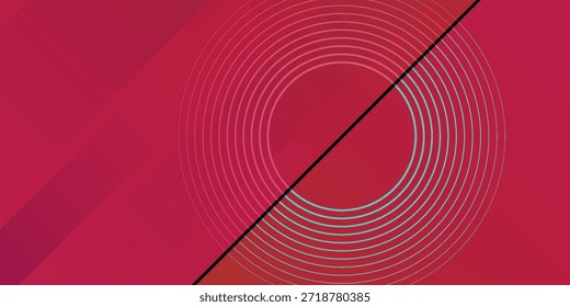 A vibrant red abstract background featuring a large circular pattern of concentric white rings on the right, bisected by a sharp black diagonal line.
