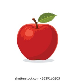 A vibrant red apple with a green leaf and brown stem.