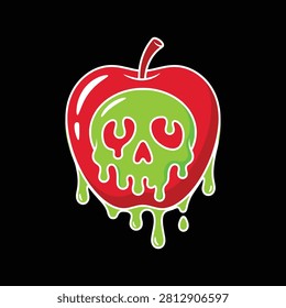 A vibrant red apple with a green skull design melting off its face, outlined in white on a black background, evoking a sense of danger and temptation in a stylized, cartoon-like illustration.