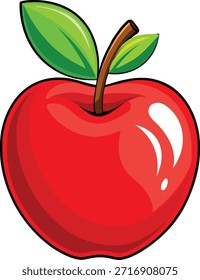 Una ilustración de manzana roja vibrante con dos hojas verdes unidas a su tallo marrón. La manzana tiene un acabado brillante con reflejos blancos, representados sobre un fondo blanco limpio en un estilo caricaturesco.