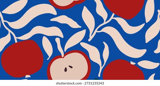 Vibrant Red Apples and Leaves on Blue Background