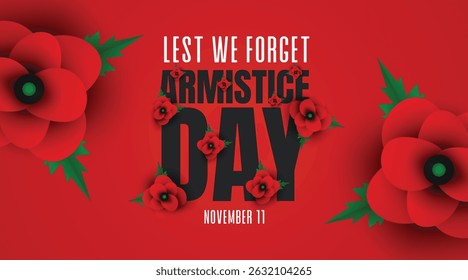 Design vibrante do Dia do Armistício vermelho com letras arrojadas e papoulas em camadas, perfeito para eventos comemorativos e gráficos de mídia social
