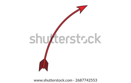 A vibrant red arrow with a classic arrowhead and fletching curves gracefully upwards on a plain white background.