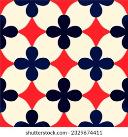 Un fondo rojo vibrante adornado con un estilo aizoma, flores geométricas estilizadas en azul y blanco, creando un motivo inspirado en la menta.