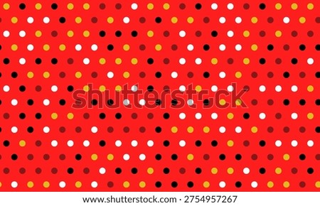 Vibrant red background adorned with a playful polka dot pattern in black, white, and gold.  Perfect for adding a retro, cheerful vibe to designs, websites, or packaging.