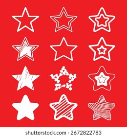 A vibrant red background features a collection of white star outlines, each with a unique design, creating a festive and decorative pattern.