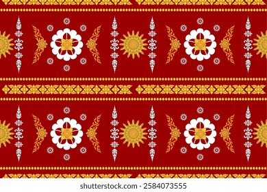 A vibrant red background features intricate traditional Thai patterns with gold and white floral and geometric designs, creating rich and cultural tapestry