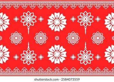 A vibrant red background features intricate white floral pattern, showcasing symmetrical designs and decorative borders. repeating motifs create harmonious and elegant appearance, ideal for textiles