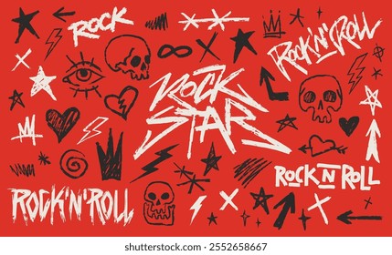 Un fondo rojo vibrante presenta varios símbolos con temas de rock, incluidas estrellas, cráneos, rayos y motivos de ojos, todos mostrando un ambiente enérgico de rock and roll.