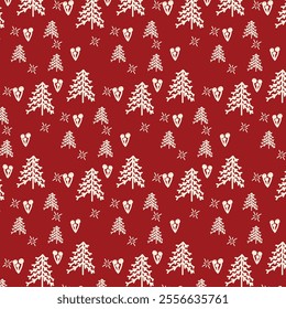 A vibrant red background featuring white hand-drawn Christmas trees, hearts, and snowflakes. Perfect for festive and holiday-inspired designs.