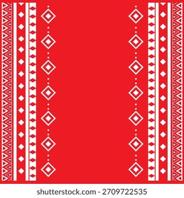 A vibrant red background framed with symmetrical white ethnic patterns featuring diamonds, triangles, and geometric motifs, creating a traditional textile-inspired design with a clean central space.
