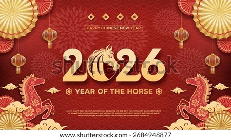 Vibrant red background with gold horses, lanterns, and celebrates, the Year of the Horse. Rich patterns, festive decor, and symbolic motifs, luck, and traditional Chinese New Year celebrations.
