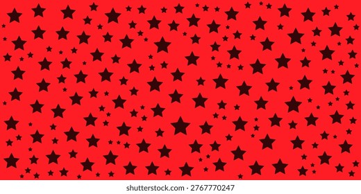 Vibrant red background with a scattered pattern of black five-point stars. Bold geometric star texture for high-energy celebrations, posters, and gift wrap.
