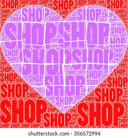 vibrant red background with shop text and love heart illustration vector print pattern. for fashion and graphic design. t shirt print, poster and valentines, special day gift print offer.