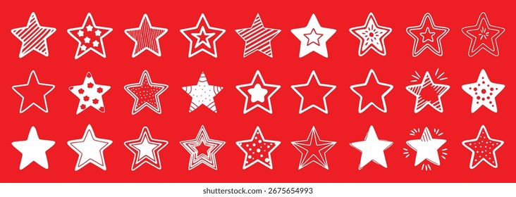 A vibrant red background showcases an array of whimsical, handdrawn white stars. Each star boasts a unique pattern, creating a festive, joyful atmosphere.