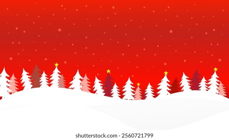 A vibrant red background with snow-covered hills and decorated Christmas trees, radiating festive cheer