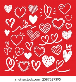 A vibrant red background with various white heart doodles. Heart shapes, love symbols, and romantic designs fill the space. Heart doodles on red. Cute hand drawn Valentine's Day vector set.