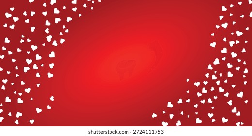 A vibrant red background with white hearts scattered on the left and right sides