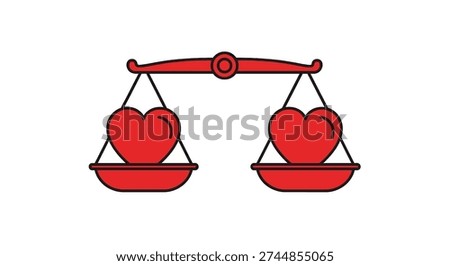 A vibrant red balance scale, featuring two perfectly balanced red hearts on its pans, symbolizing love, equality, and emotional equilibrium in a simple, illustrative style.