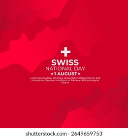 Vibrant red banner celebrating Swiss National Day on August 1st, featuring the iconic white cross. Perfect for patriotic designs, events, and promotions.
