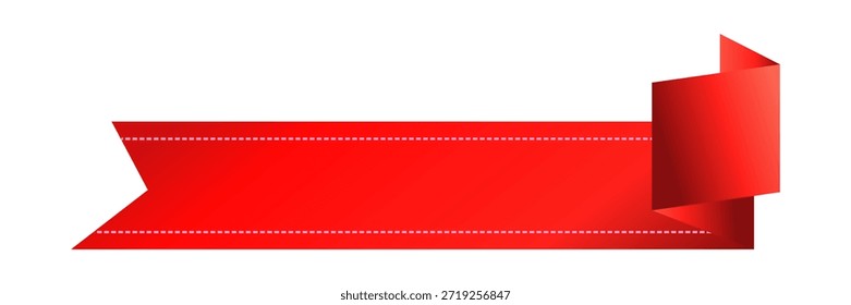A vibrant red banner ribbon with a folded corner and white stitched edges, perfect for adding text to graphic designs.