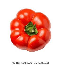 A vibrant red bell pepper with a green stem, showcasing its glossy texture and shape.