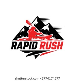 A vibrant red and black logo featuring a silhouette of a person kayaking through river rapids against a mountain backdrop with the words Rapid Rush