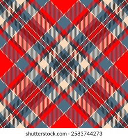 Vibrant red, blue, and cream plaid pattern.  Perfect for textile design, fashion, and seasonal projects.  Classic crisscross design evokes warmth and tradition.