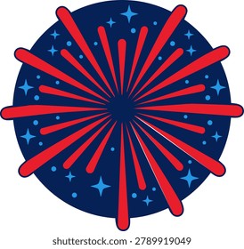 Vibrant red and blue firework burst radiating star-shaped sparks against deep navy blue night sky.