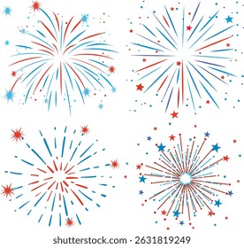 Vibrant red and blue fireworks burst against a white background. Ideal for festive designs and holiday-themed projects