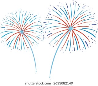 Vibrant red and blue fireworks burst against a white background. Clean vector lines create a festive and dynamic composition