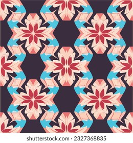 Vibrant red and blue flowers dance on a black canvas, forming a symmetrical and seamless pattern. This aizome inspired design captures attention with its harmonious arrangement and visually.