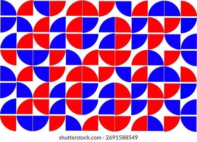 Padrão geométrico vermelho e azul vibrante com semicírculos e quadrados formando um design abstrato em negrito, perfeito para arte moderna, papel de parede, têxteis e decoração gráfica.
