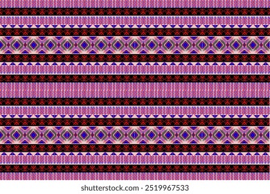 Vibrant red and blue geometric tribal pattern with intricate pixel art motifs, Perfect for textile design, digital art, and cultural projects seeking a bold, ethnic inspired decorative element