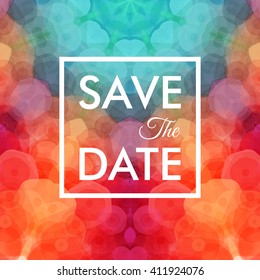 Vibrant red and blue geometric vector wedding invitation design with an abstract overlaid pattern and central text in a white frame - Save The Date